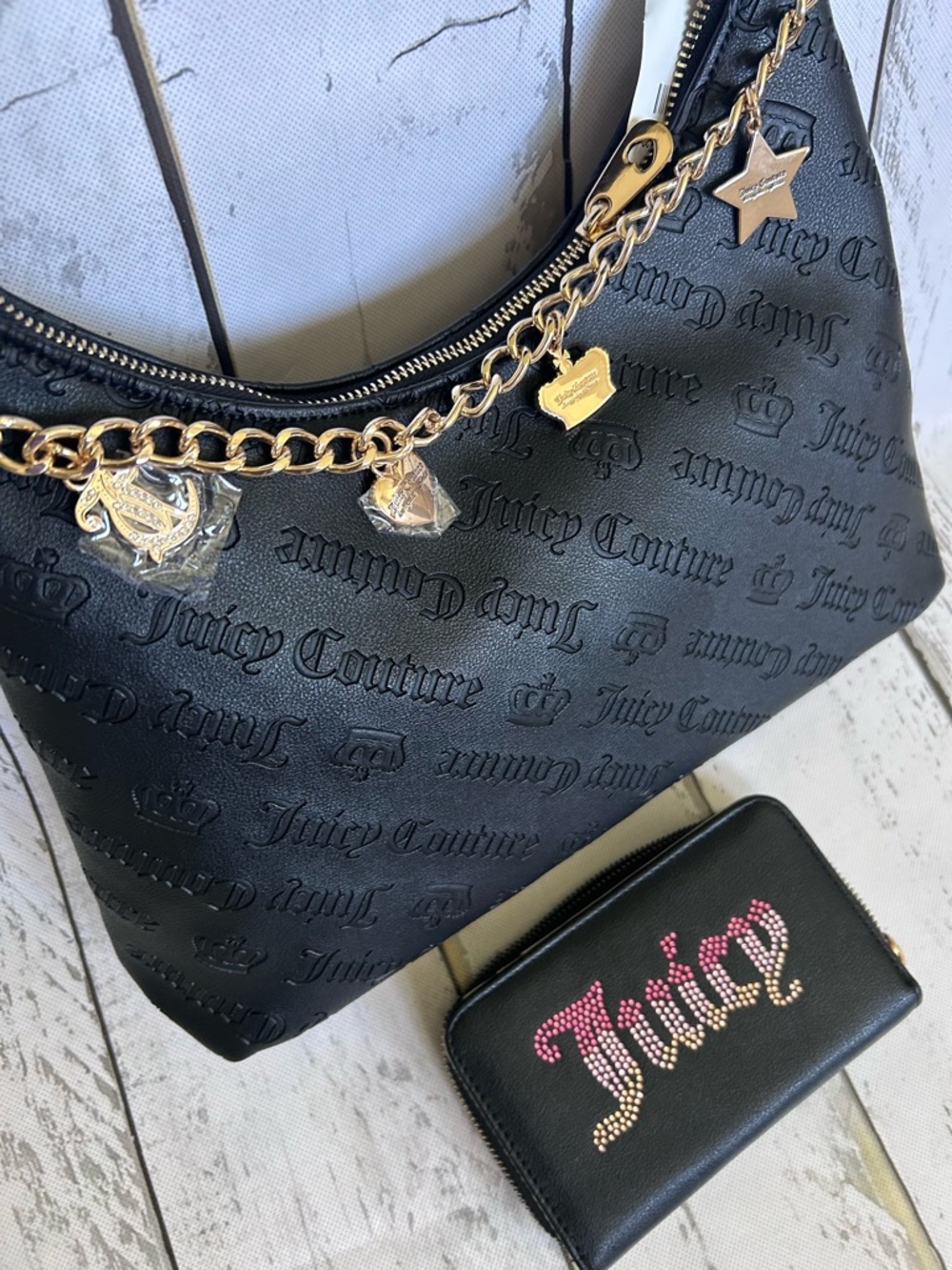 Juicy Couture Black Embossed  Bag with Gold Charm Chain + Wallet Gift Bundle